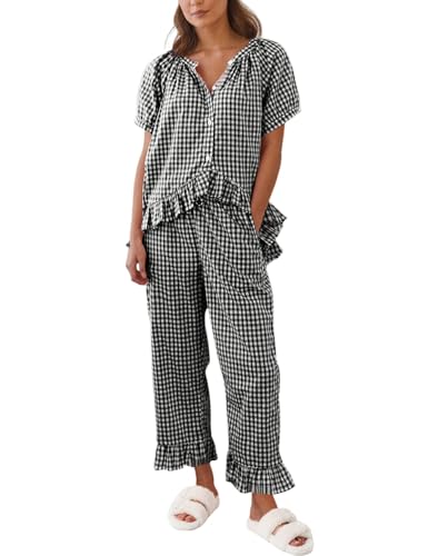 Image of Gihuo Gingham Pajama Set for Women 2 Piece Plaid Cotton Button Down Top and Pants Ruffle Babydoll Pjs Lounge Sets