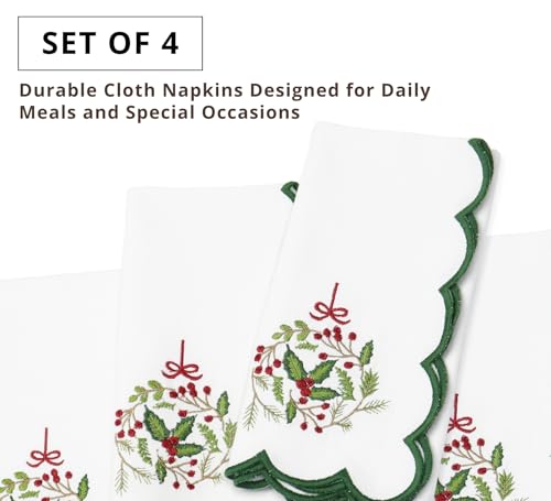 Image of PurpleEssences Scalloped Cloth Napkins 18x18 in - White Edges Green Wreath
