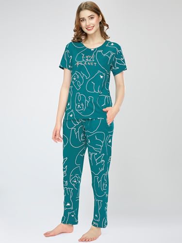 Image of ZEYO Night Suit for Women's Polar Bear Printed Cotton Night Dress of Top and Pajama Set 5776