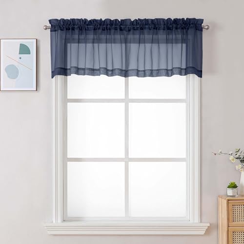 Image of Chyhomenyc Navy Blue Sheer Valances for Windows - Light Filtering Small Kitchen Curtains, Rod Pocket Short Top Window Treatment Decor for Living Room Bathroom Basement, 42Wx16L inches, 2 Panels