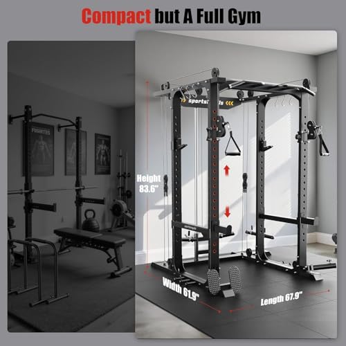 Image of Sportsroyals Power Cage, Multi-Functional Squat Rack, Power Rack with Pulley System & LAT Pull Down, Workout Cage with J Hooks for Home Gym