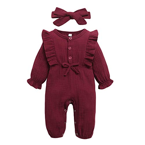 YALLET Newborn Baby Girl Clothes Solid Long Sleeve Baby Onesies Cotton Linen Romper Jumpsuits Fall Infant Girl Clothes with Headband Red