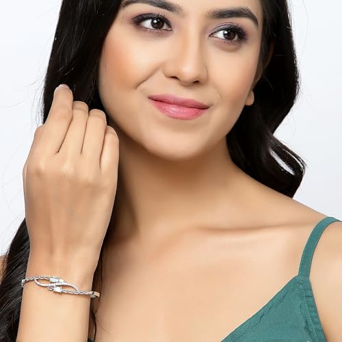 Image of ZENEME Rhodium-Plated American Diamond Studded Flower Patterned Kada Bracelet For Girls and Women