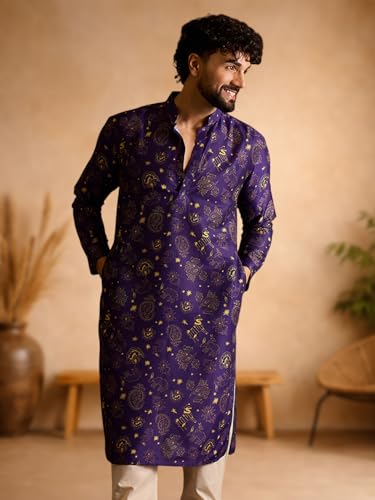 Image of Amazon Brand - Tavasya Men Silk Blend Ethnic Motif Printed Embellished Long Kurta | Regular Fit | Ethnic Wear | Full Sleeve