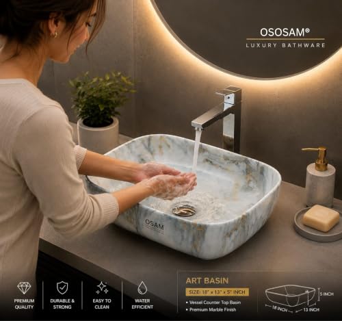 Image of OSOSAM Tabletop Wash Basin For Bathroom | Ceramic Glossy White Countertop Washbasin | Vessel Sink For Hotel, Dining Hall, Vanity | 18 x 13 x 5.5 Inches (MS-156)