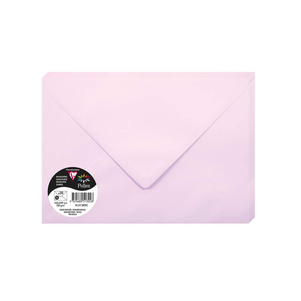 Clairefontaine 51302C Pack of 20 Gummed Envelopes Format C5 (16,2x22,9cm) 120gsm Dragée Pink Invitation Events Correspondence Pollen Range Premium Paper