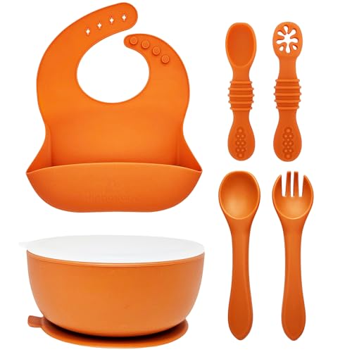 Image of HippoBaby 6 Piece Silicone Suction Baby/Toddler Bowl Set with 2 Bowls, 2 Spoons, 2 Forks, Safe Food Grade Silicone, Soft on Gums, Stylish Colors (4, Autumn/Mint), Small, SB06MA