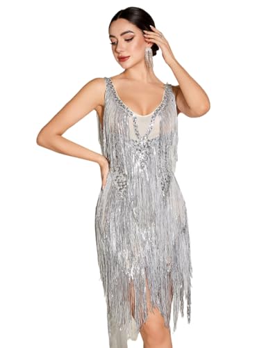 meilun Sequin Fringe Mini Dress Silver Slightly Sheer V-Neck Sleeveless Party Dresses