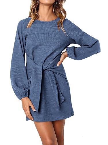 Image of PRETTYGARDEN Womens Spring Elegant Long Lantern Sleeve Short Dress Wedding Guest Crewneck Tie Waist Knit Cocktail Dresses