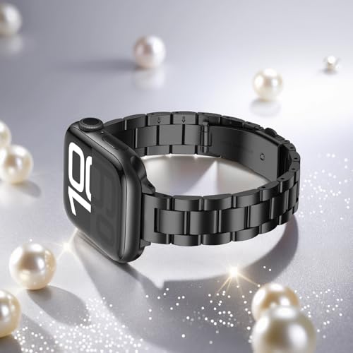 Image of Anlinser Bands Compatible with Apple Watch Band 42mm 41mm 40mm 38mm, Women Slim Stainless Steel Metal Strap for iWatch Series 10 9 8 7 6 5 4 3 2 1 SE (Black)