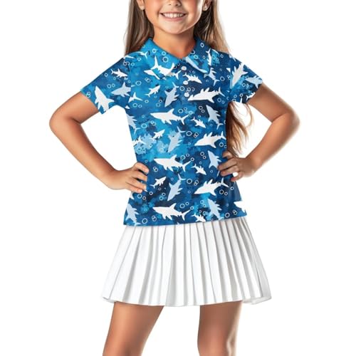 YORXINGY Ocean Shark Kids Short Sleeve Golf Shirts Breathable Moisture Wicking Polo Tops 8-10 Years Old Button Down Summer School Uniform Workout Tennis Casual Shirt