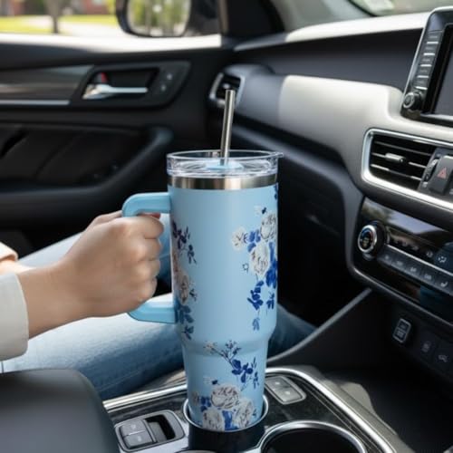 Image of Silver Shark Insulated Tumbler with Straw and Handle |Color Blue Flower| 1200 ML
