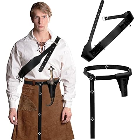 3 Pieces Halloween Adjustable Renaissance Belt Leather Medieval Sword Frog Belt Hanger Dagger Frog Set for Knight Warrior Pirate Costume Cosplay Black, Black, One size Cover