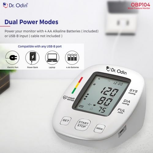 Image of Dr. Odin OBP104 Pulse Mini Digital Blood Pressure Monitor for Accurate BP & Pulse Readings | LCD Display | 2x60 Memory Records | Large Cuff (22-42 cm) | USB Port | WHO Indicator | 1-Year Warranty