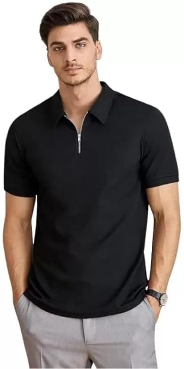 Image of Solid Polo T-Shirt Zip Collar Cotton Blend Half Sleeves for Men's