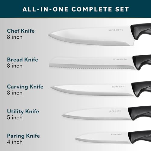 Home Hero Kitchen Knife Set with Sharpener - High Carbon Stainless Steel Knife Block Set with Ergonomic Handles (7 Pcs - Silver)