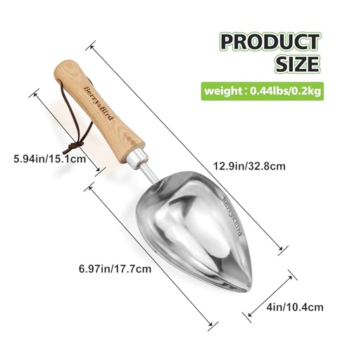 Image of Berry&Bird Garden Oversized Soil Scoop, Stainless Steel Gardening Trowel with Wood Handle Multi Function Hand Shovel Spade Spoons for Transplanting, Planting & Cultivation