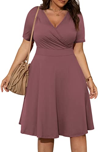 Image of POSESHE Womens Plus Size Dresses Summer Short Sleeve Wrap V-Neck Sundress Casual Wedding Guest Cocktail Dress with Pockets