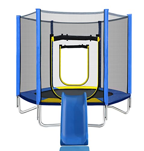 Merax 7FT Trampoline with Slide Outdoor Indoor Kids Trampoline with Safety Enclosure Net Round Recreational Trampoline with Slide and Ladder for Boys Girls Blue
