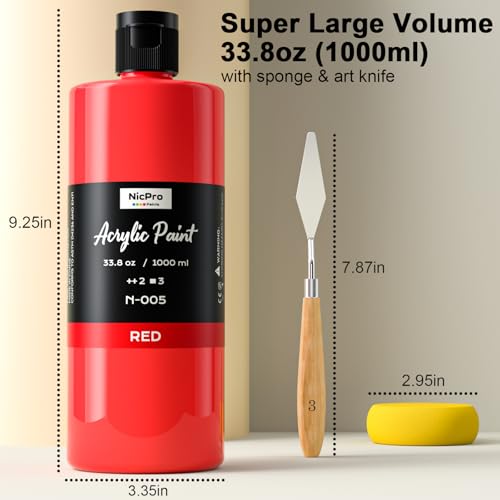 Image of Nicpro 14 Colors Large Bulk Acrylic Paint Set (33.8 oz, 1000 ml) Rich Art Painting Supplies, Non Toxic for Multi Surface Rock Canvas Wood Ceramic Leather Fabric Craft for Adult with Color Wheel
