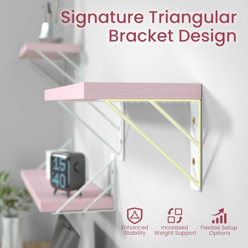 Image of BAYKA Wall Shelves for Bedroom Decor, Pink Floating Wall Shelf for Living Room Kitchen Storage,Mounted Rustic Wood Shelves for Kids Books, Corner Shelf for Bathroom(16in,Set of 4)