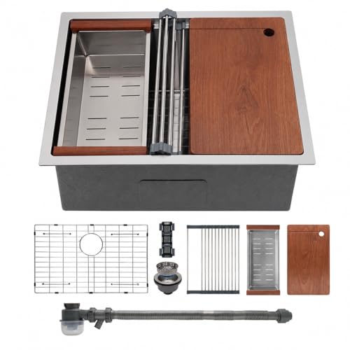 SANYCASA 23 Inch Undermount Kitchen Sink with Quiet Drain - 11 Gauge Stainless Steel, Single Bowl - Multifunctional Handmade Modern Integrated Ledge Workstation Set - by SANYCASA - Used condition - US$167.99