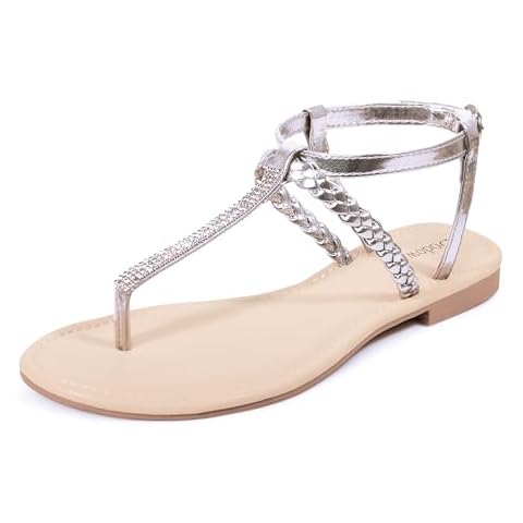Harvest Land Women's Sandals Dressy T Strap with Rhinestone Sparkly Wedding Flat Sandals Ankle Strap Summer Gladiator Fashion Shoes Braided Silver Size 11 Cover