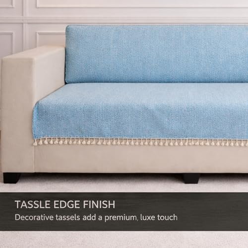 Image of STITCHNEST Jute Sofa Cover - Turquoise, 48x60 Inch | Soft Textured Fabric with Tassel| Full Coverage Sofa for Living Room Decor