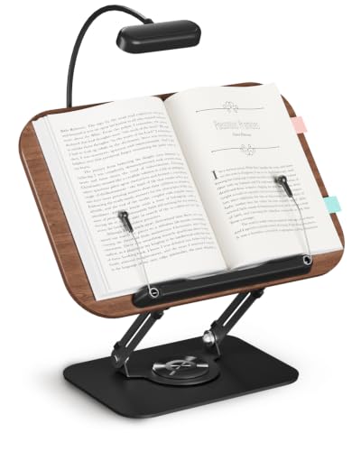 Image of Book Stand with Reading Light, 360 Rotating Book Holder for Desk, Foldable Cookbook Stand with Page Clips, Height & Angle Adjustable Reading Stand for Textbooks, Tablets