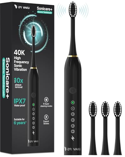 Image of DR VAKU Sonicare+ Electric Toothbrush for Men Woman Adults sonic with 6 Modes, 4 Brush Heads, 60-Day Battery Backup, Rechargeable & IPX7 Waterproof Automatic Power Best Electrical Tooth Brush- Black