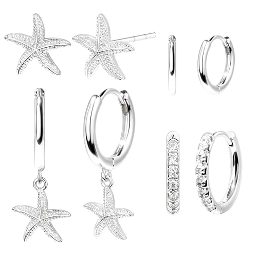 Starfish Earrings Set for Women, Silver Starfish Dangle Stud Hoop Earring Set for Multiple Piercing, Summer Beach Jewelry, Essential for Holiday Earrings