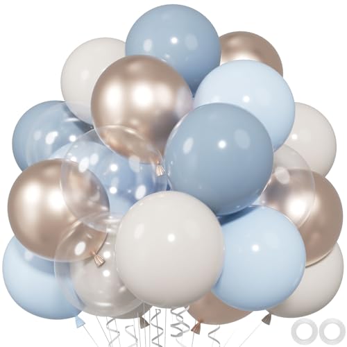 60pcs Dusty Blue Balloon Set, 12' Baby Slate Blue, Sand White & Champagne Gold Confetti Balloons for 2025 Graduations,Weddings, Boys' Birthdays & Baby Showers (66ft Ribbons)