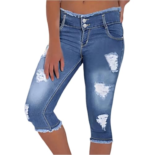 Jean Capris for Women Stretchy Ripped Skinny Jeans Trendy High Waisted Cropped Jeans Distressed Denim Capri Pants