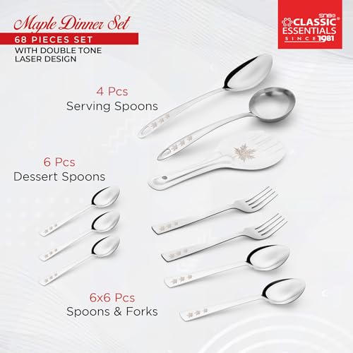 Image of Classic Essentials Stainless Steel Dinner Set|Serves 6 People|Heavy Gauge|Kitchen Set|Permanent Laser-Maple, (Set of 68)