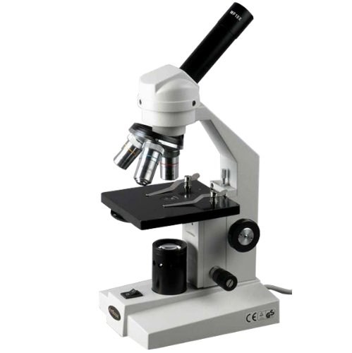 AmScope M200C Monocular Compound Microscope, WF10x and WF25x Eyepieces, 40x-1000x Magnification, Tungsten Illumination, Brightfield, Single-Lens Condenser, Coarse and Fine Focus, Plain Stage, 110V