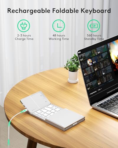 Image of Samsers Foldable Bluetooth Keyboard with Touchpad, Slim Compact, Silver | Multi-touch Trackpad, Full Size, Phone Holder, USB-C Charging, 3 Device, for Android Windows iOS Mac OS, Mobile Productivity