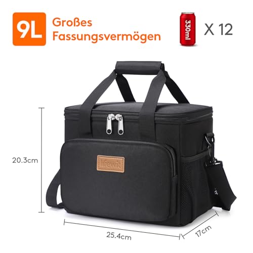 Lifewit Kühltasche klein unterwegs, Isolierte Cooler Bag Lunchtasche faltbar für Herren und Damen, wasserdichte Thermotasche Umhänge für Essen, Bier, Arbeit, Strand, Reise, Schwarz, 9L 12 Dosen 3