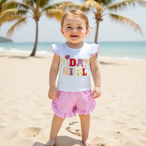 Toddler Birthday Girl Outfit Birthday Girl Letter Embroidery Flutter Sleeve Shirt Top Ruffle Plaid Short Summer Set3