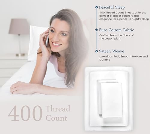 ROYALE LINENS 400 Thread Count 100% American Grown Cotton 4 Piece Sateen Full Sheet Set - 1 Fitted Sheet, 1 Flat Sheet, 2 Pillow case - White Full Bedsheet - Cotton Sheets - (Full, Signature White)
