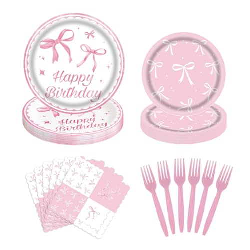80 pcs Pink Bow Birthday Party Supplies - Pink Bow Plates and Napkins Disposable Tableware Set for Girls Birthday Party Decorations Coquette Pink Bow Party Decorations Serve 20 Sturdy & Durable