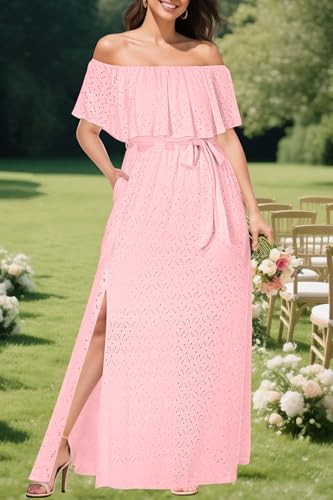 Image of Pinup Fashion Women Plus Size Summer Casual Off Shoulder Eyelet Maxi Dress | Breathable eyelet fabric,elegant ruffle,high waisted,stylish belt,side split,handy pockets,ideal for summer, wedding guest.