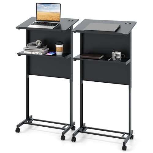 Tangkula Rolling Podium Stand, 3-Position Height Adjustable Lectern Table with Tilted Tabletop, Mobile Laptop Cart with Storage Shelf, Lockable Casters, Ideal for Classroom, Office, Churches, Black