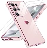 LeYi Cover per Samsung Galaxy S25 Ultra 5G Custodia con Vetro Temperato [2 Pack], Amore Cuore Paraurti Morbido TPU Sottile Case con Protezione Fotocamera Antiurto per Samsung S25 Ultra Cover, Rosa