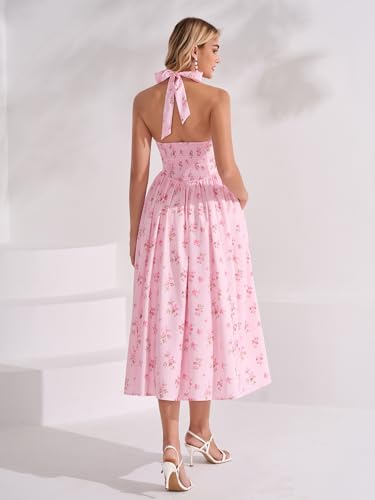 Image of Parthea Women's Floral Halter Corset Midi Dress 2026 Elegant Smocked Flowy Wedding Guest Dresses with Pockets