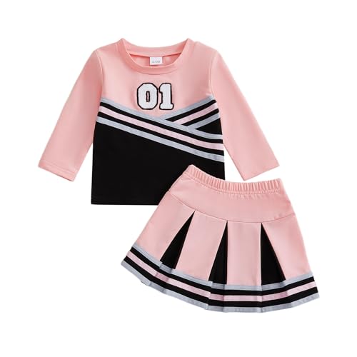 Xnqiwq Toddler Baby Girl Cheerleader Outfit Long Sleeve Shirt Pleated Skirt Set Cheer Uniform Football Cheerleading Clothes (Pink, 6-12 Months)