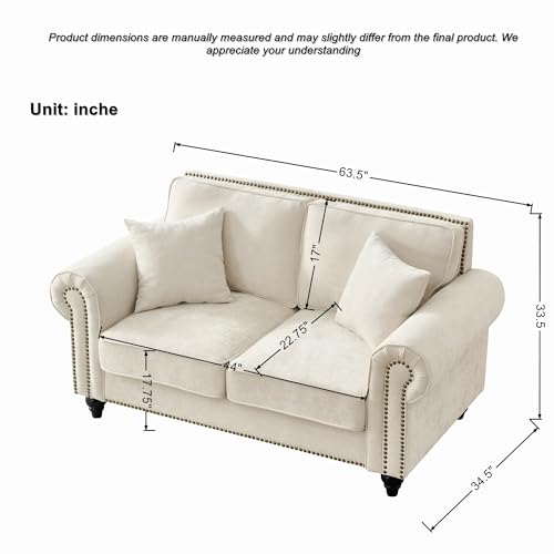 Image of KEIKI 64 inch Oversized Chenille Loveseat Sofa with Rolled Arms and Nailhead Trim, Upholstered Modern Style 2-Seater Couch with High-Density Foam Cushions, Easy Assembly, for Apartment, Living Room, Beige