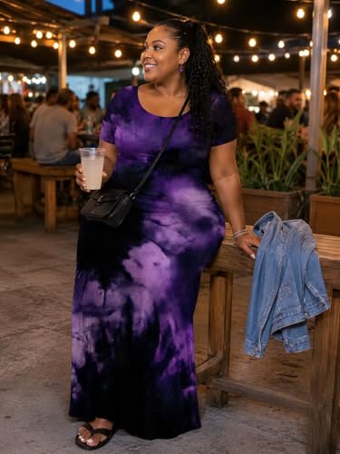 Image of SUZONANA Plus Size Maxi Dress for Curvy Women Summer Casual Sundress Short Sleeve Loose Vacation Dress