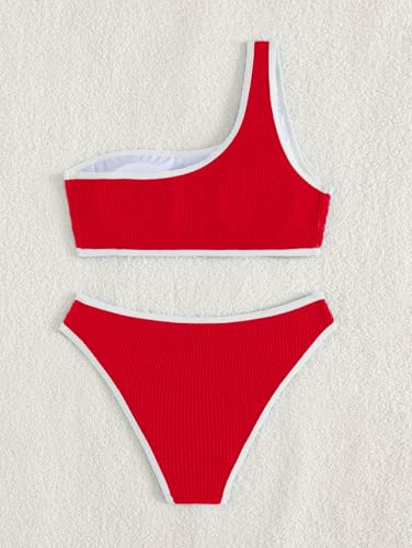 Image of YIMISAN Women's Ribbed Bikini Sets One Shoulder Top with Mid Waist Two Piece Bathing Suit