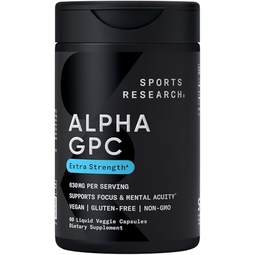 Sports Research® Alpha GPC 630mg (Extra Strength) - Bioavailable Source of Choline - Focus & Cognitive Support for Women & Men - Vegan Certified · Non-GMO · Gluten Free - 60 Liquid Capsules