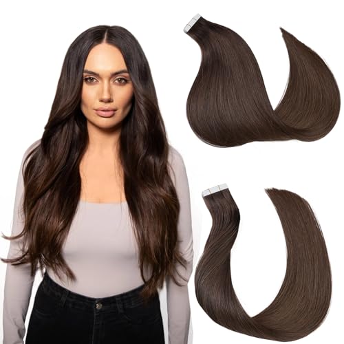 Tape in Hair Extensions Real Human Hair, Silky Straight Remy Hair Seamless Skin Weft Invisible Hairpiece, 20 Inch 20Pcs 50G Jet Black Dark Brown Blonde Highlighted Hair for Daily Wedding